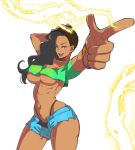  1girl absurdres alternate_costume artist_request asymmetrical_hair black_hair black_panties breasts brown_eyes capcom choker commentary contrapposto cornrows cowboy_shot crop_top curvy dark_skin electricity female highleg highleg_panties highres large_breasts laura_matsuda lips long_hair looking_at_viewer lowleg lowleg_shorts midriff navel no_bra panties pixiepowderpuff short_shorts shorts smile solo standing street_fighter street_fighter_v thick_thighs thighs thong toned underboob underwear wavy_hair wink 