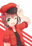  ;d absurdres amami_haruka arm_behind_back arm_up bangs black_shirt blush bow breasts brown_hair cabbie_hat collarbone collared_jacket cosplay cropped_jacket eyebrows_visible_through_hair feiyyx green_eyes hair_between_eyes hair_bow hat hataraku_saibou highres idolmaster idolmaster_(classic) jacket long_hair looking_at_viewer one_eye_closed open_clothes open_jacket open_mouth red_background red_blood_cell_(hataraku_saibou) red_blood_cell_(hataraku_saibou)_(cosplay) red_bow red_hat red_jacket shirt short_sleeves small_breasts smile solo two-tone_background white_background 
