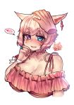  ahoge animal_ears bikini blue_eyes blush breasts cat_ears choker cleavage disembodied_limb earrings ears_down eyebrows_visible_through_hair final_fantasy final_fantasy_xiv heart heterochromia jewelry looking_at_viewer miqo'te nose_blush osiimi parted_lips petting pink_eyes pink_hair short_hair signature simple_background slit_pupils solo_focus spoken_blush spoken_heart swimsuit upper_body whisker_markings white_background 