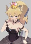  bare_shoulders black_dress blonde_hair bowsette bracelet collar commentary_request crown dress hand_to_own_mouth horns jewelry kanzaki_hiro mario_(series) new_super_mario_bros._u_deluxe spiked_bracelet spiked_collar spiked_shell spikes strapless strapless_dress super_crown turtle_shell 