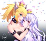  armlet black_dress blonde_hair blue_eyes bowsette bracelet breasts cleavage collar crown dress eyebrows_visible_through_hair fang floating_hair gradient gradient_background hair_between_eyes highres horns hug jewelry long_hair looking_at_viewer mario_(series) medium_breasts multiple_girls new_super_mario_bros._u_deluxe open_mouth pink_eyes ponytail princess_king_boo shiny shiny_hair signature silver_hair smile strapless strapless_dress super_crown yuniiho 