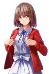  adjusting_clothes blue_neckwear blue_ribbon brown_eyes brown_hair collared_dress dress highres jacket katou_megumi long_sleeves looking_at_viewer neck_ribbon open_clothes open_jacket red_jacket redpoke ribbon saenai_heroine_no_sodatekata short_hair simple_background smile solo upper_body white_background white_dress white_ribbon 