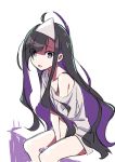  absurdres between_legs black_hair bright_pupils eyebrows_visible_through_hair eyes_visible_through_hair feet_out_of_frame hand_between_legs highres long_hair looking_at_viewer off-shoulder_shirt open_mouth original purple_eyes shirt short_sleeves simple_background sitting solo tama_(tama-s) triangular_headpiece very_long_hair white_background white_shirt 