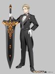  black_footwear black_neckwear black_pants black_suit blue_eyes copyright_name formal full_body gloves grey_background hand_on_hip highres holding holding_sword holding_weapon light_brown_hair looking_at_viewer official_art pants pocket_square pota_(bluegutty) reki_connect simple_background standing suit sword watermark weapon white_gloves 