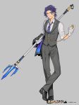  aqua_eyes black_pants blue_hair copyright_name formal full_body gloves grey_background grey_gloves grey_shirt highres holding holding_weapon jacket jacket_removed looking_at_viewer male_focus necktie official_art pants pocket_watch polearm pota_(bluegutty) reki_connect shirt simple_background smile standing striped striped_neckwear suit tachi-e trident watch watermark weapon 
