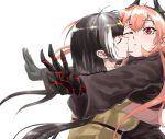  black_hair cheek_kiss closed_mouth commentary_request girls_frontline highres hug kiss korean_commentary m4_sopmod_ii_(girls_frontline) mechanical_hand multiple_girls one-piece_swimsuit pink_hair red_eyes ro635_(girls_frontline) sd_bigpie swimsuit yuri 