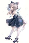  absurdres blue_bow blue_dress blue_eyes bow cirno commentary_request crystal dress ears full_body highres hito_komoru lolita_fashion petticoat shoes short_hair short_sleeves simple_background smile solo touhou white_background wings 