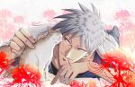  akagi akagi_shigeru blanket cat cigarette closed_eyes cuddling floral_background flower grey_hair looking_at_animal lying male_focus on_stomach peper0z solo 