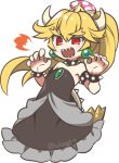 armlet armpits artist_name bare_shoulders black_dress blonde_hair blush bowsette bracelet breathing_fire claw_pose collar commentary crown dress earrings fire flat_chest frilled_dress frills horns jewelry mario_(series) negi_(ulog'be) new_super_mario_bros._u_deluxe open_mouth ponytail red_eyes sharp_teeth solo spiked_bracelet spiked_collar spiked_shell spiked_tail spikes strapless strapless_dress super_crown tail teeth thick_eyebrows turtle_shell twitter_username upper_body 