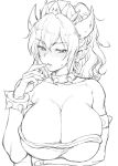  1girl blush bowsette breasts cleavage female horns huge_breasts monochrome mushi024 new_super_mario_bros._u_deluxe pointy_ears ponytail solo 