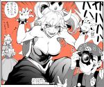  2girls black_dress bonkara_(sokuseki_maou) bowsette bracelet breasts camera claw_pose collar commentary_request crown dress highres jewelry large_breasts mario mario_(series) multiple_girls new_super_mario_bros._u_deluxe ponytail princess_peach sharp_teeth spiked_bracelet spiked_collar spikes strapless strapless_dress super_crown teeth translation_request 