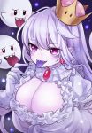  bangs blush boo breasts brooch cleavage crown dress earrings eyebrows_visible_through_hair ghost gloves heart heart-shaped_pupils highres jewelry long_hair looking_at_viewer luigi's_mansion mario_(series) new_super_mario_bros._u_deluxe pink_eyes pointy_ears princess_king_boo puffy_short_sleeves puffy_sleeves purple_background purple_tongue red_earrings short_sleeves soramame_pikuto super_crown symbol-shaped_pupils teeth tongue tongue_out white_dress white_gloves white_hair 