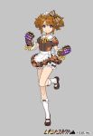  alternate_costume black_footwear bow brown_bow brown_hair copyright_name floral_print full_body gauntlets grey_background hair_bow hashiba_tenma looking_at_viewer maid official_art pota_(bluegutty) purple_eyes reki_connect short_hair short_sleeves simple_background smile standing standing_on_one_leg tachi-e watermark white_legwear 