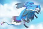  aerial avian beak bird black_beak blue_feathers blue_jay claws cloud corvid feathers feline female gryphon mammal open_beak open_mouth pounce simple_background solo tiziri wings 