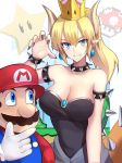 armlet bare_shoulders black_dress black_nails blonde_hair blue_eyes bowsette bracelet breasts claw_pose cleavage closed_mouth collar crown dress earrings eyebrows_visible_through_hair facial_hair fang gloves hair_between_eyes hat highres horns jewelry large_breasts looking_at_viewer mario mario_(series) mushroom mustache nail_polish new_super_mario_bros._u_deluxe overalls plumber pointy_ears ponytail red_hat sharp_teeth shiguru spiked_bracelet spiked_collar spiked_shell spiked_tail spikes star strapless strapless_dress super_crown super_mario_bros. super_mushroom tail teeth turtle_shell white_gloves 