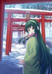  blush brown_eyes day earmuffs eyebrows_visible_through_hair green_hair highres isou_nagi long_hair looking_at_viewer open_mouth outdoors real_world_location scarf scenery smile snow solo standing torii touhoku_zunko translation_request vocaloid voiceroid 