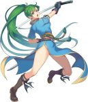  boots brown_footwear commentary_request dress earrings fingerless_gloves fire_emblem fire_emblem:_rekka_no_ken full_body gloves green_eyes green_hair holding holding_sword holding_weapon jewelry kokouno_oyazi long_hair lyndis_(fire_emblem) open_mouth pelvic_curtain ponytail side_slit simple_background solo sword very_long_hair weapon white_background 