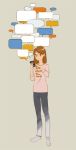  1girl brown_hair cellphone english_text full_body holding holding_phone medium_hair original phone pink_shirt shirt simple_background smartphone solo speech_bubble standing taro.y 