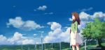  blue_sky blush brown_hair closed_mouth cloud copyright_request day isai_shizuka leaf looking_away medium_hair mountainous_horizon outdoors scenery sky smile solo standing tree wind_turbine windmill 