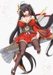  absurdly_long_hair ahoge azur_lane bangs bare_shoulders black_hair breasts cleavage collarbone commentary_request eyebrows_visible_through_hair hair_between_eyes hair_ornament highres huge_breasts japanese_clothes kimono large_breasts long_hair looking_at_viewer marshall2033 obi red_eyes sash solo taihou_(azur_lane) very_long_hair wide_sleeves 