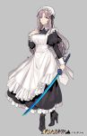  apron black_footwear blue_eyes copyright_name full_body grey_background hand_up high_heels holding holding_sword holding_weapon katana light_smile long_hair long_sleeves looking_at_viewer maid maid_apron maid_cap official_art pota_(bluegutty) puffy_long_sleeves puffy_sleeves reki_connect simple_background standing sword tokugawa_fumika watermark weapon 