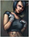  animal_humanoid bandage ben_newman black_shirt blood blue_eyes blue_hair breasts cat_humanoid collar darkstalkers felicia_(darkstalkers) feline female frown hair hand_wraps humanoid mammal midriff navel pawprint short_hair solo video_games wraps wrist_wraps 