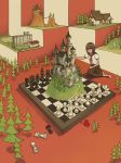  1girl bangs barefoot black_sailor_collar board_game brown_hair building castle chess chess_piece chessboard kneeling neckerchief original oversized_object red_neckwear sailor_collar shirt short_sleeves solo taro.y trail tree white_shirt 