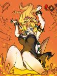  anklet armlet arms_up ass bare_shoulders black_dress black_panties blonde_hair blue_eyes bouncing_breasts bowsette bracelet breasts collar crown dated dress earrings facial_hair falling gem highres horns jewelry large_breasts long_hair mario mario_(series) molten_rock mustache new_super_mario_bros._u_deluxe noto_tsugumi overalls panties pointy_ears ponytail red_shirt sharp_teeth shirt spiked_bracelet spiked_collar spikes strapless strapless_dress super_crown super_mario_bros. tail teeth turtle_shell underwear waving 
