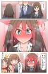  3girls blush brown_hair celebi_ryousangata comic commentary_request full-face_blush green_eyes honda_mio idolmaster idolmaster_cinderella_girls long_hair multiple_girls necktie producer_(idolmaster) school_uniform shibuya_rin shimamura_uzuki translated yellow_eyes 