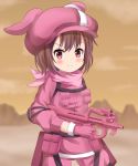  &gt;:) animal_ears animal_hat bandana bangs blurry blurry_background blush brown_hair bullpup bunny_ears bunny_hat closed_mouth cloud commentary depth_of_field eyebrows_visible_through_hair finger_on_trigger gloves gun hat highres holding holding_gun holding_weapon jacket koyuki_(azumaya999) llenn_(sao) mountain outdoors p-chan_(p-90) p90 pants pink_bandana pink_gloves pink_hat pink_jacket pink_pants red_eyes sky smile solo standing submachine_gun sword_art_online sword_art_online_alternative:_gun_gale_online v-shaped_eyebrows weapon 
