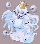  :p absurdres blush boo breasts cleavage crown dress frilled_dress frilled_skirt frills ghost gloves grey_background half-closed_eyes highres large_breasts long_hair looking_at_viewer luigi's_mansion mario_(series) new_super_mario_bros._u_deluxe princess_king_boo puffy_short_sleeves puffy_sleeves red_eyes saliva sharp_teeth short_sleeves simple_background skirt slit_pupils smile solo ssangbong-llama super_crown super_mario_bros. teeth tongue tongue_out white_dress white_gloves 