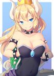  amemiya_ruki bare_shoulders black_dress blonde_hair blue_background blue_eyes bowsette bracelet breast_squeeze breasts collar collarbone commentary_request covered_navel dress earrings eyebrows_visible_through_hair grin highres horns jewelry large_breasts long_hair looking_at_viewer mario_(series) new_super_mario_bros._u_deluxe parted_lips pointy_ears sharp_teeth simple_background smile solo spiked_armlet spiked_bracelet spiked_collar spiked_shell spiked_tail spikes strapless strapless_dress super_crown tail teeth turtle_shell v-shaped_eyebrows 