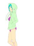  bikini blue_eyes blue_hair breasts commentary_request contrapposto feet_out_of_frame from_side green_jacket hands_on_hips highres hood hood_up hooded_jacket hoodie jacket large_breasts limited_palette looking_at_viewer looking_to_the_side munakata_(hisahige) original purple_bikini short_hair simple_background solo standing swimsuit white_background 