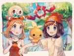  beanie black_hair blue_eyes brown_hair cloud commentary_request day gen_3_pokemon gen_4_pokemon gen_7_pokemon grass hairband haruka_(pokemon) hat highres mizuki_(pokemon) mu_acrt multiple_girls open_mouth outdoors pokemon pokemon_(creature) pokemon_(game) pokemon_on_head pokemon_oras pokemon_sm red_hat rotom rotom_dex rowlet short_hair short_sleeves sky torchic tree 