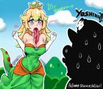  1girl autocunnilingus bare_shoulders between_breasts blonde_hair blue_eyes blush_stickers breasts cappy_(mario) cloud crown cunnilingus day dress elbow_gloves english gloves gradient_hair green_dress heart heart-shaped_pupils large_breasts long_tongue mario mario_(series) masturbation multicolored_hair naughty_face new_super_mario_bros._u_deluxe open_mouth oral pointy_ears saliva sereneandsilent silhouette super_crown super_mario_bros. super_mario_odyssey sweat sweating_profusely symbol-shaped_pupils tail tongue tongue_out very_long_tongue yoshi 