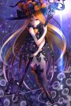  abigail_williams_(fate/grand_order) asymmetrical_legwear bangs black_panties blonde_hair bow bug butterfly facial_mark fate/grand_order fate_(series) floating_hair full_body getsuyoubi hat hat_bow highres holding_key insect long_hair looking_at_viewer orange_bow panties parted_bangs parted_lips purple_bow purple_hat purple_legwear red_eyes revealing_clothes shiny shiny_hair solo sparkle striped striped_legwear stuffed_animal stuffed_toy teddy_bear thighhighs underwear vertical-striped_legwear vertical_stripes very_long_hair witch_hat 