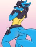  2018 anthro blue_eyes blush breasts butt colored_sketch evilymasterful eyelashes female looking_back lucario nintendo nude pok&eacute;mon pok&eacute;mon_(species) presenting pussy side_boob simple_background smile solo standing video_games wide_hips 