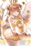  ;d antenna_hair brown_eyes brown_hair cardcaptor_sakura cowboy_shot crown daisy elbow_gloves eyebrows_visible_through_hair feathered_wings flower gloves hair_between_eyes kero kinomoto_sakura lium long_hair looking_at_viewer one_eye_closed open_mouth puffy_shorts shiny shiny_hair shirt short_shorts shorts sleeveless sleeveless_shirt smile sparkle thighhighs two_side_up white_gloves white_legwear white_shirt white_wings wings yellow_shorts 