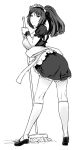  apron ass bangs breasts closed_mouth full_body greyscale holding kneehighs kneepits large_breasts looking_at_viewer looking_back maid maid_apron maid_headdress mary_janes monochrome mop original ponytail shoes simple_background socks solo tsukudani_(coke-buta) white_background wristband 