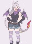  :d arm_belt bandana belt_pouch black_gloves blush breasts charizard closed_eyes elbow_gloves facing_viewer fang gen_1_pokemon gloves grey_background grey_hair hands_on_hips highres horns long_hair medium_breasts open_mouth personification pointy_ears pokemon pokemon_(creature) pokemon_(game) pokemon_rgby pouch purple_bandana purple_legwear shorts simple_background smile solo striped striped_legwear tail very_long_hair white_hair wings yasaikakiage 