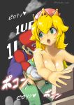  1girl 1up :o blade_ride blonde_hair blue_overalls blush breasts clothed_sex cloud collarbone commentary_request convenient_arm crown doggystyle facial_hair garter_straps genderswap genderswap_(mtf) green_eyes green_legwear heart hetero highres koopa_troopa large_breasts long_hair mario mario_(series) mustache new_super_mario_bros._u_deluxe overalls personification red_hair red_shirt sex shirt stairs standing_sex super_crown super_mario_bros. sweat thighhighs topless translation_request turtle_shell twitter_username 