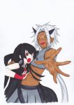  1boy 1girl akame akame_ga_kill! black_hair crop_top dark_skin hand_on_back long_hair one_eye_open open_hand open_mouth red_eyes scar smile syura_(akame_ga_kill!) tagme tie tsubakirinka white_hair yellow_eyes 