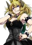  bare_shoulders blonde_hair blue_eyes bowsette bracelet breasts cleavage collar commentary_request crown dress earrings highres horns jewelry large_breasts long_hair looking_at_viewer mario_(series) new_super_mario_bros._u_deluxe ponytail sharp_teeth shell smile solo spiked_bracelet spiked_collar spikes super_crown teeth tenamaru 