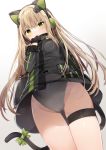  animal_ears bangs black_gloves black_jacket black_leotard blush bow cameltoe cat_ear_headphones cat_ears cat_girl cat_tail character_name closed_mouth commentary covered_navel eyebrows_visible_through_hair from_below girls_frontline gloves gradient gradient_background green_bow green_eyes grey_background groin hair_between_eyes headphones highres jacket leotard leotard_under_clothes light_brown_hair long_hair long_sleeves looking_at_viewer looking_down mafuyu_(chibi21) solo tail tail_bow thigh_strap tmp_(girls_frontline) very_long_hair wavy_mouth white_background 
