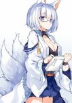  animal_ears azur_lane bangs black-framed_eyewear blue_background blue_skirt breasts cleavage closed_mouth commentary_request cowboy_shot eyebrows_visible_through_hair fox_ears fox_girl fox_tail glasses gradient gradient_background holding holding_paper japanese_clothes kaga_(azur_lane) kimono kitsune long_sleeves looking_away medium_breasts multiple_tails myuton open_clothes open_kimono paper semi-rimless_eyewear short_hair silver_hair skirt solo tail tail_raised under-rim_eyewear white_background white_kimono wide_sleeves 