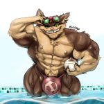  anthro big_bulge bulge clothing huge_muscles league_of_legends looking_at_viewer male muscular muscular_male oldshep pecs riot_games smile solo speedo standing swimsuit veiny_muscles video_games yordle ziggs 