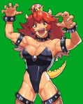  armlet bare_shoulders bowsette bracelet collar crown fishnet_legwear fishnets jewelry leotard lizard mario_(series) muscle muscular_female new_super_mario_bros._u_deluxe red_eyes red_hair sharp_teeth simple_background spiked_bracelet spiked_collar spikes super_crown super_mario_bros. tail teeth uka_(cessa) 