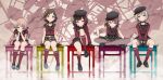  afterglow_(bang_dream!) alternate_hairstyle aoba_moka aqua_eyes badge bang_dream! bangs between_legs black_footwear black_gloves black_hat black_neckwear black_skirt bob_cut brown_eyes brown_hair chair chin_rest choker commentary_request crossed_legs desk double-breasted earrings elbows_on_knees frown gloves grey_hair grey_legwear hair_ribbon hand_between_legs hand_on_own_knee hand_on_own_leg hat hazawa_tsugumi highres jewelry knee_up kneehighs leaning_forward long_hair long_sleeves looking_at_viewer lost_one_no_goukoku_(vocaloid) miniskirt mitake_ran multicolored_hair multiple_girls neckerchief on_desk pantyhose pink_hair plaid plaid_skirt purple_eyes red_hair red_legwear red_shirt ribbon school_chair school_desk school_uniform serafuku shipii_(jigglypuff) shirt shoes short_hair short_sleeves sitting sitting_on_desk skirt star star_print streaked_hair striped_choker udagawa_tomoe uehara_himari vocaloid 