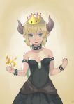  bare_shoulders blonde_hair blue_eyes bowsette bracelet breasts cleavage collar commentary_request crown dress earrings fire highres horns jewelry large_breasts looking_at_viewer mario_(series) new_super_mario_bros._u_deluxe ola_(bunnyfly) pointy_ears ponytail sharp_teeth solo spiked_bracelet spiked_collar spikes super_crown teeth 