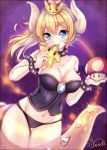  :3 artist_name ass_visible_through_thighs biting black_panties blonde_hair blue_eyes blurry blush bowsette breasts collar collarbone crown depth_of_field earrings eyebrows_visible_through_hair fang glint groin hair_between_eyes highres holding horns jewelry long_hair looking_at_viewer mario_(series) medium_breasts mushroom navel new_super_mario_bros._u_deluxe orendi_laran panties ponytail signature slit_pupils solo spiked_armlet spiked_collar spikes star starman_(mario) striped striped_panties super_crown super_mushroom sweatdrop tail underwear 